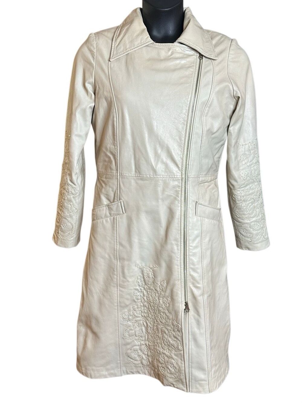 Margaret Godfrey Women's Vintage Cream Genuine Leather Beaded Trench Coat SZ M